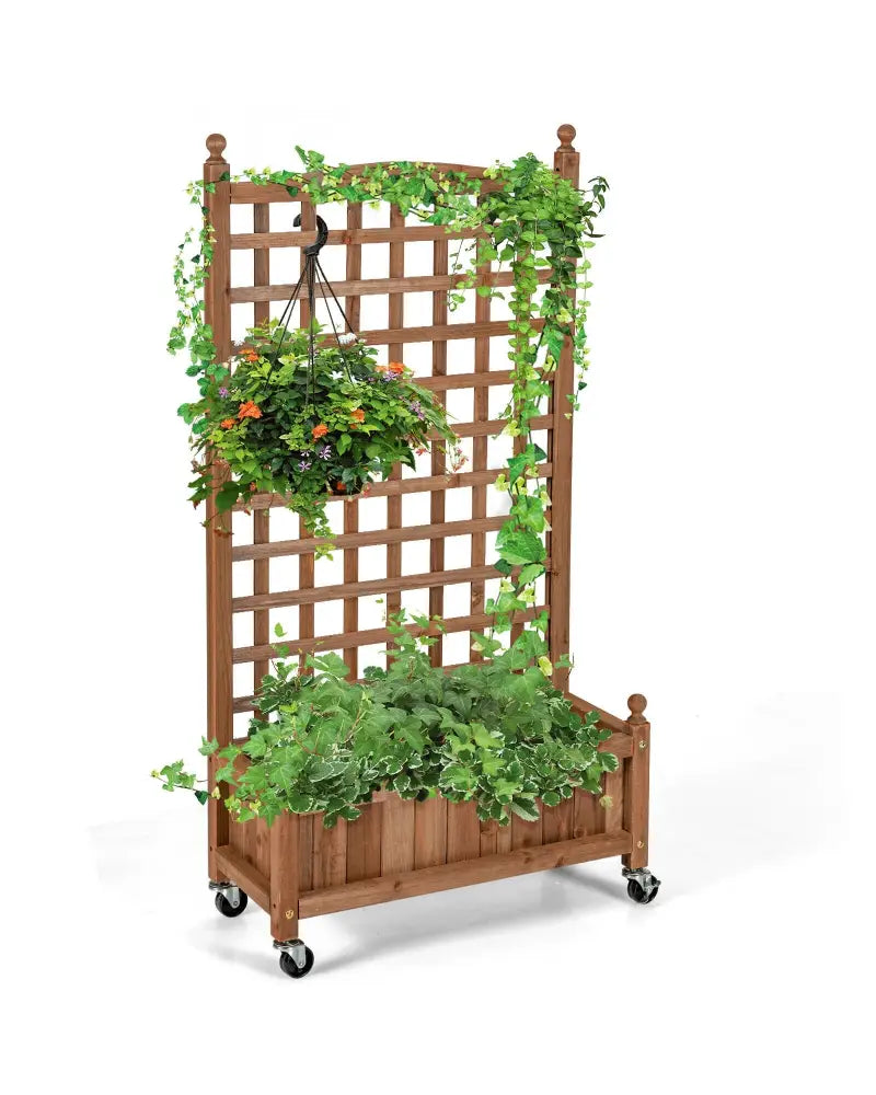 50 Inch Wood Planter Box with Trellis Mobile Raised Bed for Climbing Plant - Brown - Raised Garden Beds