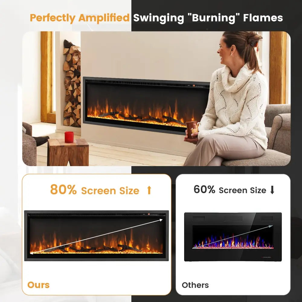 50 Inches Electric Fireplace in-Wall Recessed with Remote Control and Adjustable Color and Brightness-50 inches - Black