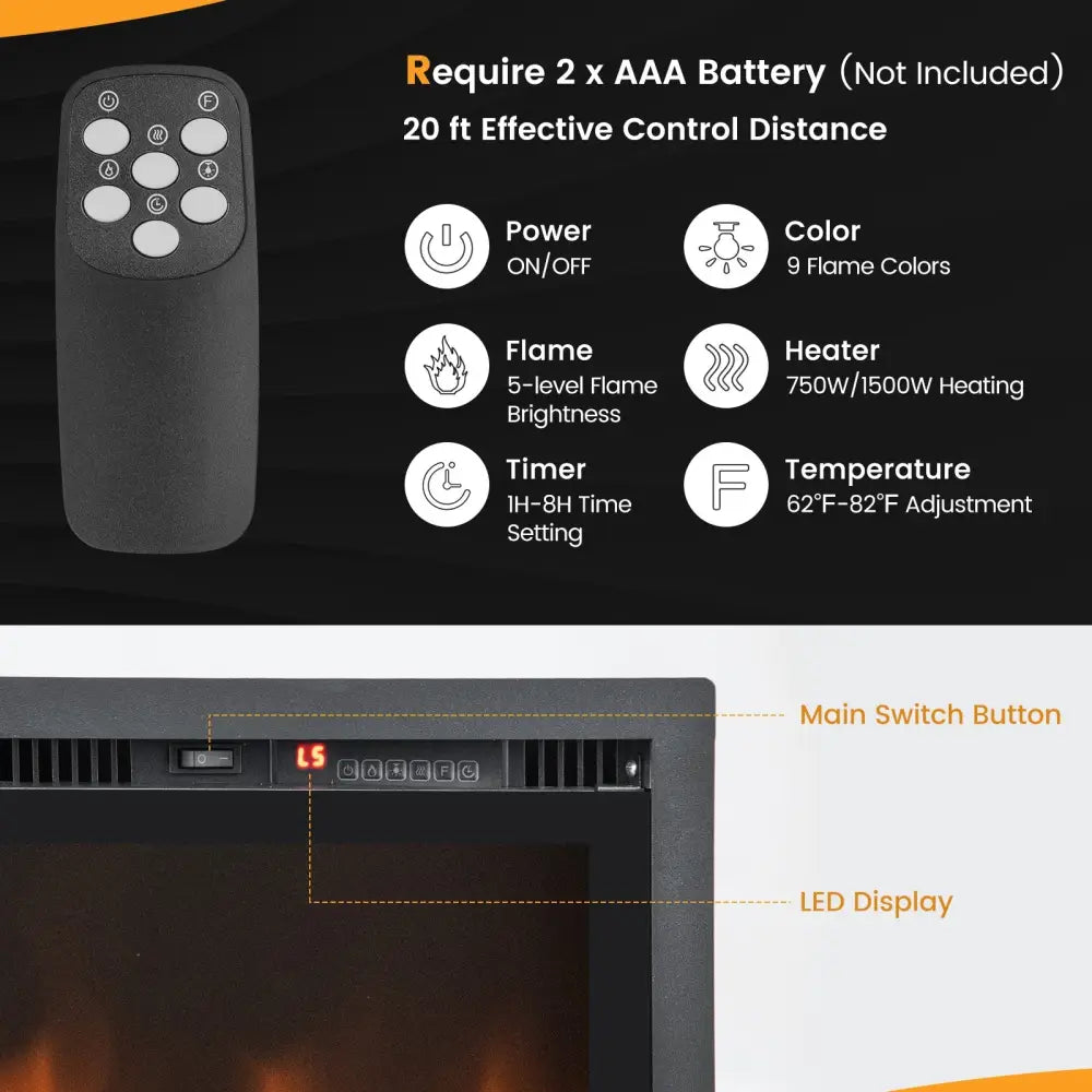 50 Inches Electric Fireplace in-Wall Recessed with Remote Control and Adjustable Color and Brightness-50 inches - Black