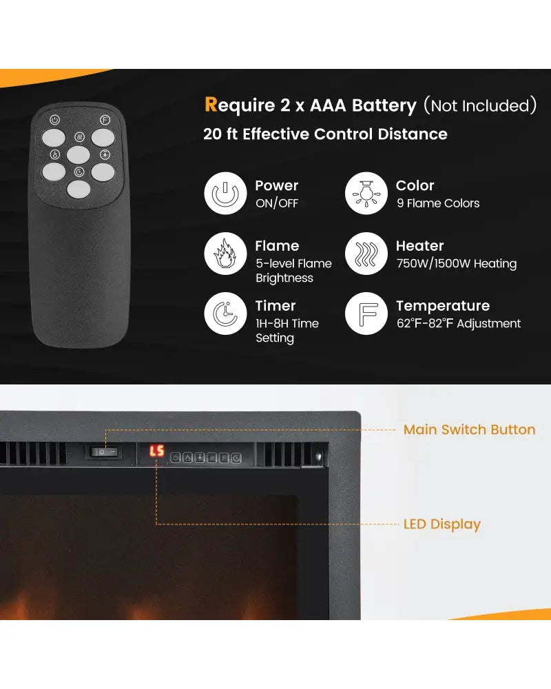 50 Inches Electric Fireplace in-Wall Recessed with Remote Control and Adjustable Color and Brightness-50 inches - Black