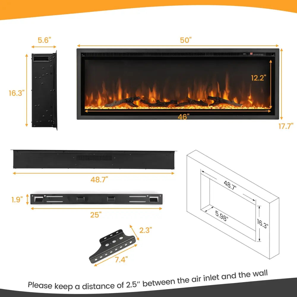 50 Inches Electric Fireplace in-Wall Recessed with Remote Control and Adjustable Color and Brightness-50 inches - Black