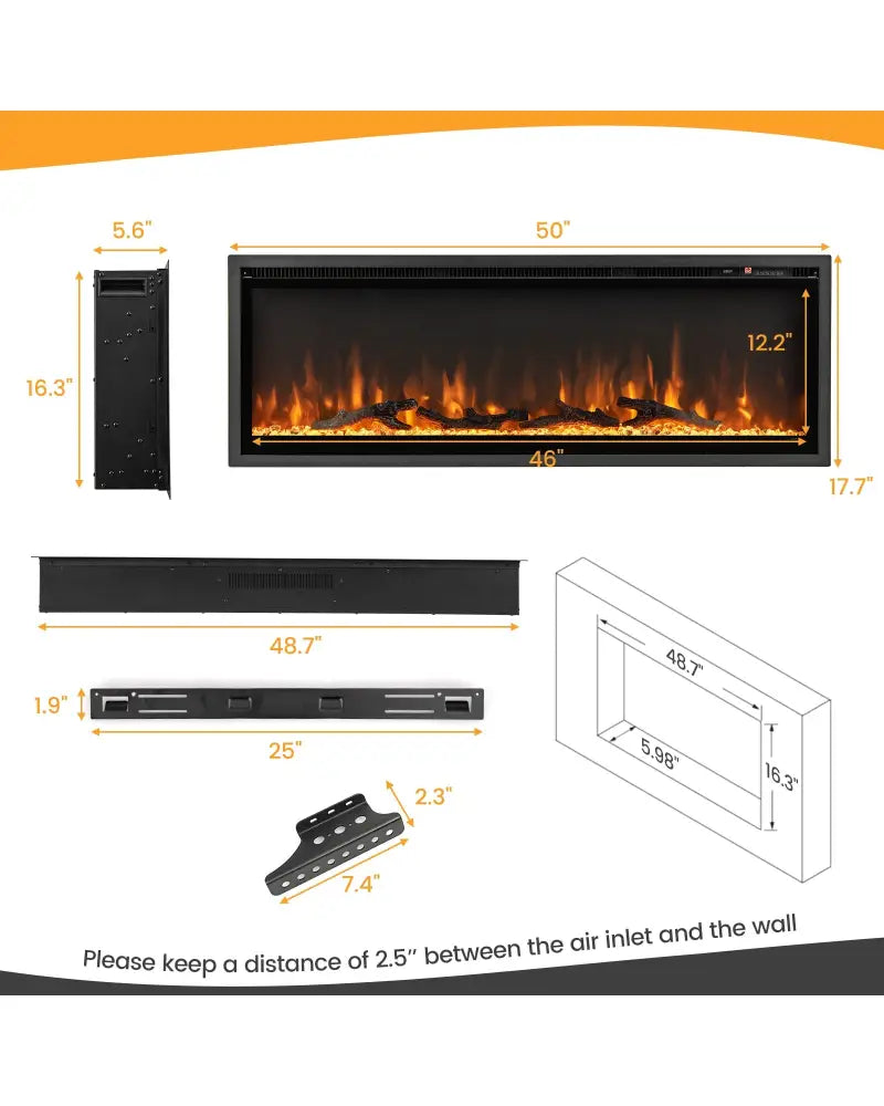 50 Inches Electric Fireplace in-Wall Recessed with Remote Control and Adjustable Color and Brightness-50 inches - Black