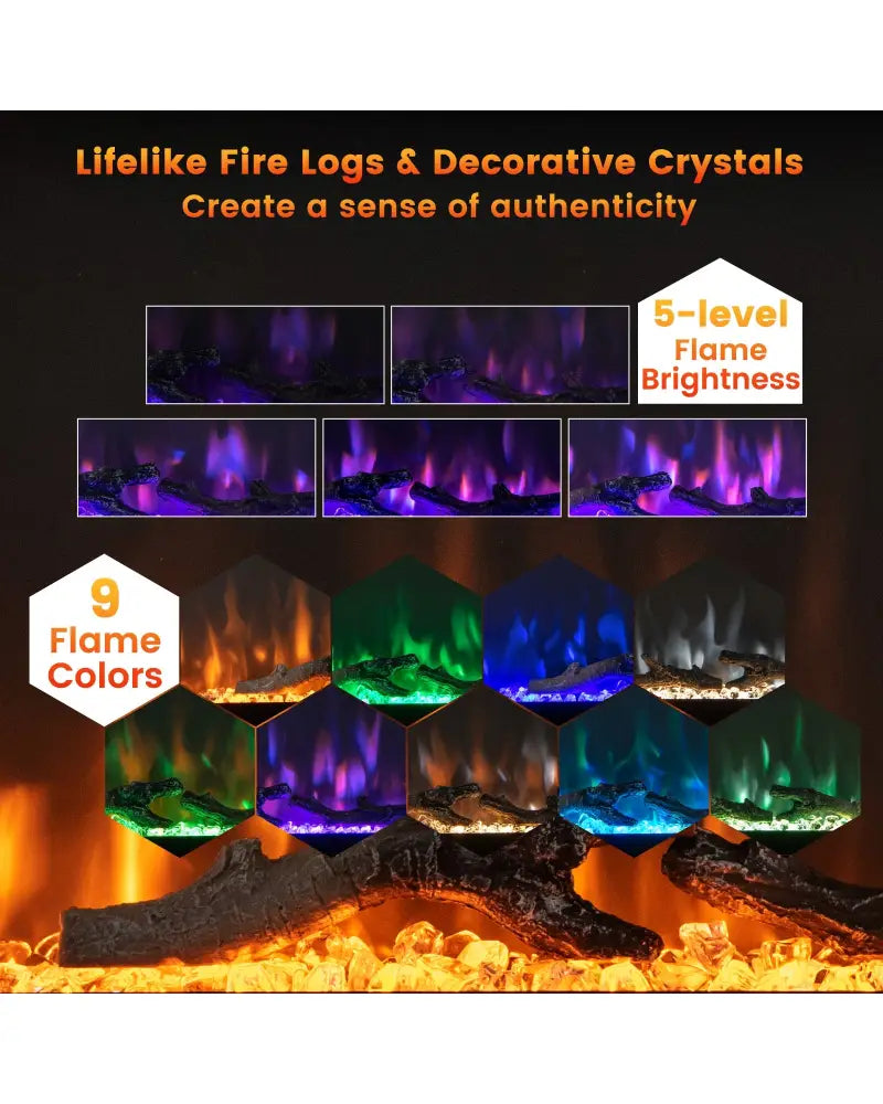 50 Inches Electric Fireplace in-Wall Recessed with Remote Control and Adjustable Color and Brightness-50 inches - Black
