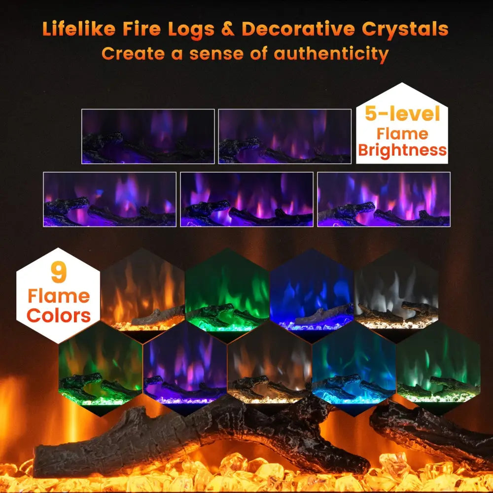 50 Inches Electric Fireplace in-Wall Recessed with Remote Control and Adjustable Color and Brightness-50 inches - Black