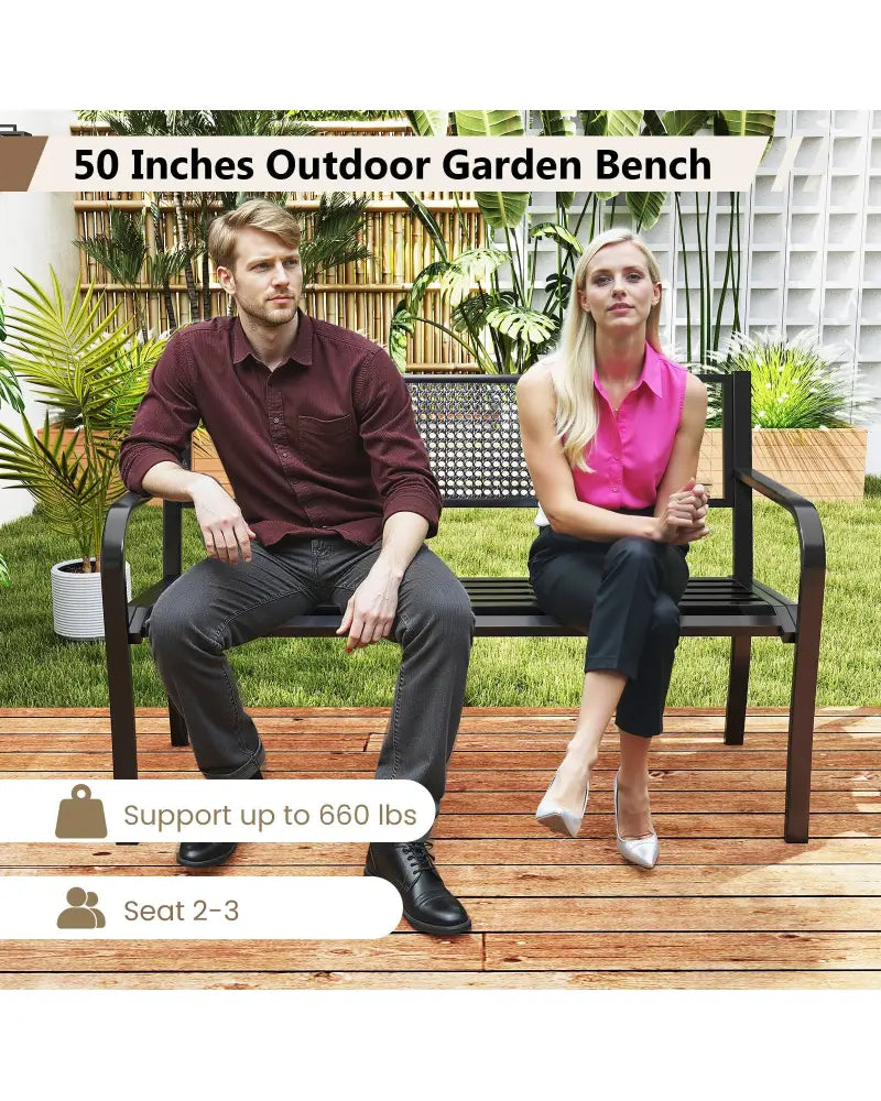 50 Inches Garden Bench with Patterned Backrest and Curved Armrests-Black - Black - Outdoor Benches
