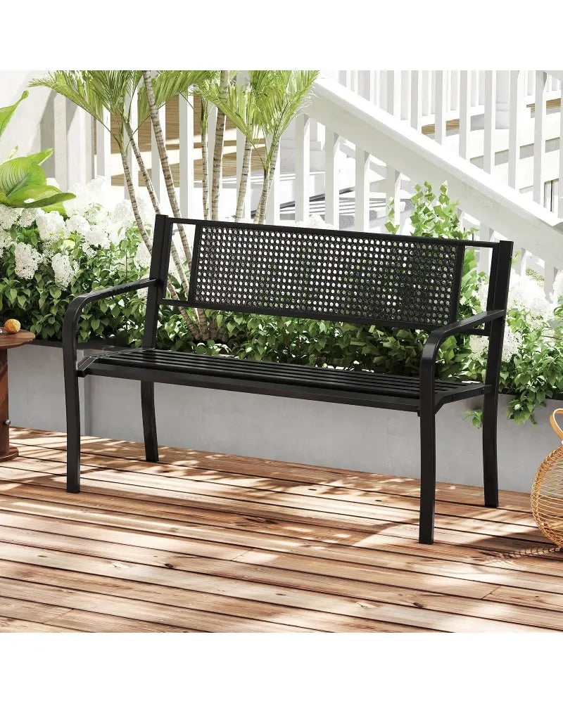 50 Inches Garden Bench with Patterned Backrest and Curved Armrests-Black - Black - Outdoor Benches