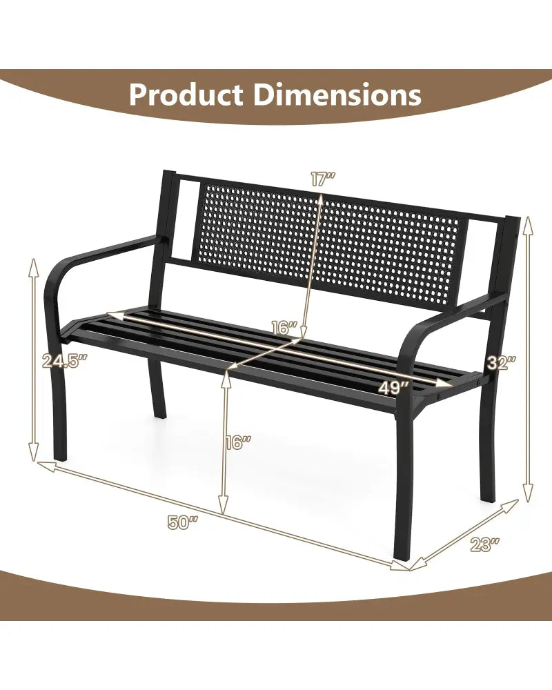 50 Inches Garden Bench with Patterned Backrest and Curved Armrests-Black - Black - Outdoor Benches