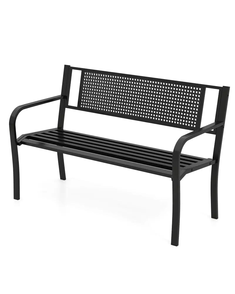 50 Inches Garden Bench with Patterned Backrest and Curved Armrests-Black - Black - Outdoor Benches