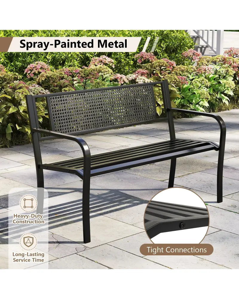 50 Inches Garden Bench with Patterned Backrest and Curved Armrests-Black - Black - Outdoor Benches