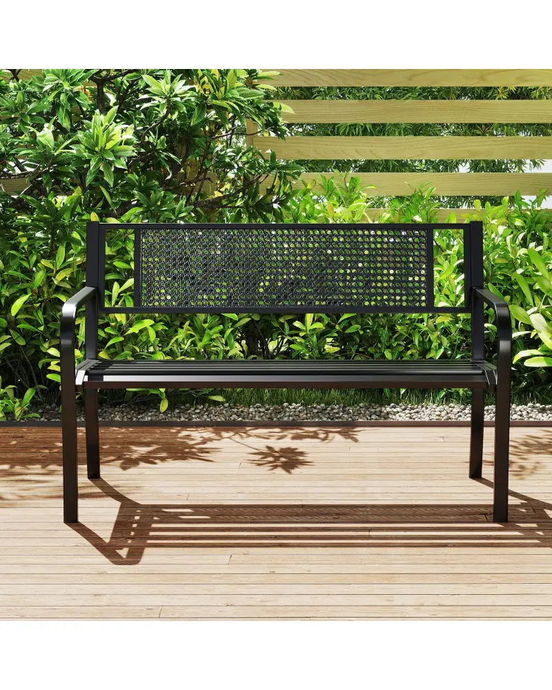 50 Inches Garden Bench with Patterned Backrest and Curved Armrests-Black - Black - Outdoor Benches