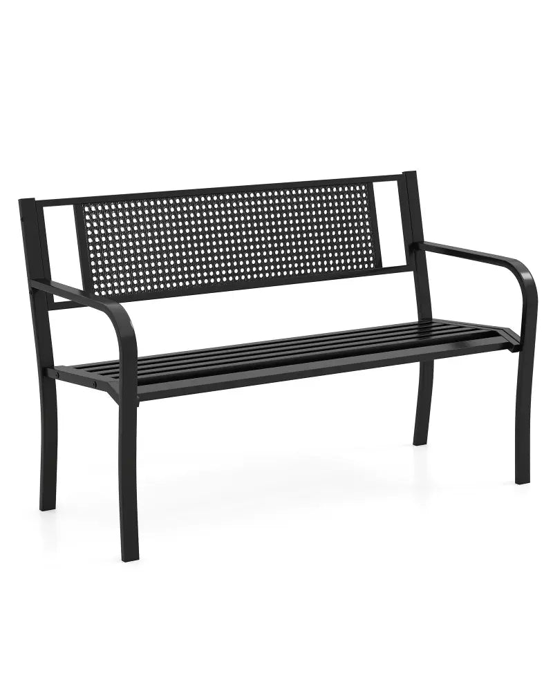 50 Inches Garden Bench with Patterned Backrest and Curved Armrests-Black - Black - Outdoor Benches