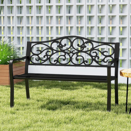 50 Inches Outdoor Cast Iron Metal Patio Bench with Floral Design Backrest and Slatted Seat-Black - Black - Outdoor
