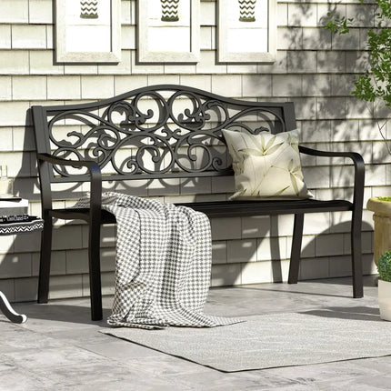 50 Inches Outdoor Cast Iron Metal Patio Bench with Floral Design Backrest and Slatted Seat-Black - Black - Outdoor