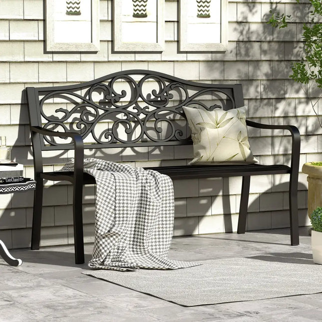50 Inches Outdoor Cast Iron Metal Patio Bench with Floral Design Backrest and Slatted Seat-Black - Black - Outdoor