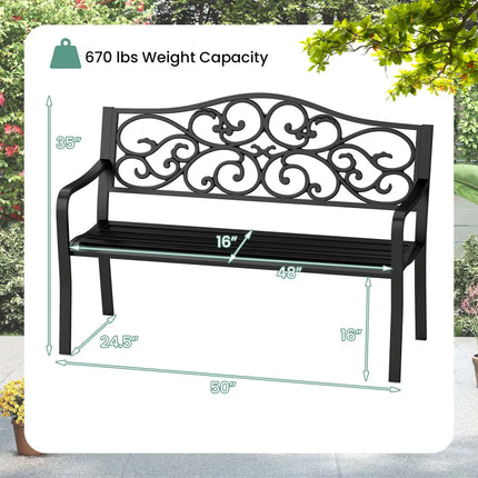 50 Inches Outdoor Cast Iron Metal Patio Bench with Floral Design Backrest and Slatted Seat-Black - Black - Outdoor