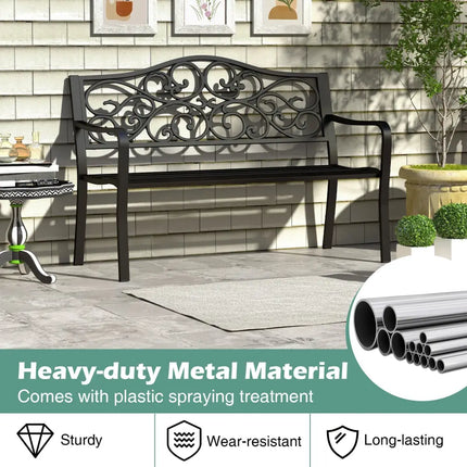 50 Inches Outdoor Cast Iron Metal Patio Bench with Floral Design Backrest and Slatted Seat-Black - Black - Outdoor