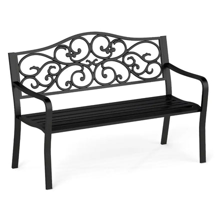 50 Inches Outdoor Cast Iron Metal Patio Bench with Floral Design Backrest and Slatted Seat-Black - Black - Outdoor