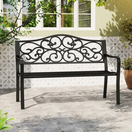 50 Inches Outdoor Cast Iron Metal Patio Bench with Floral Design Backrest and Slatted Seat-Black - Black - Outdoor