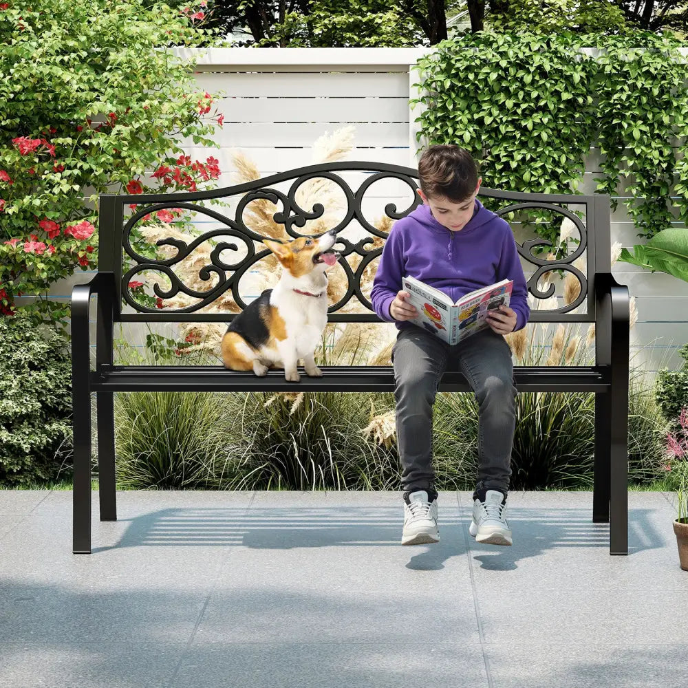 50 Inches Outdoor Cast Iron Metal Patio Bench with Floral Design Backrest and Slatted Seat-Black - Black - Outdoor