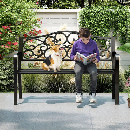 50 Inches Outdoor Cast Iron Metal Patio Bench with Floral Design Backrest and Slatted Seat-Black - Black - Outdoor