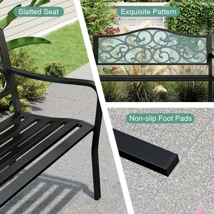 50 Inches Outdoor Cast Iron Metal Patio Bench with Floral Design Backrest and Slatted Seat-Black - Black - Outdoor
