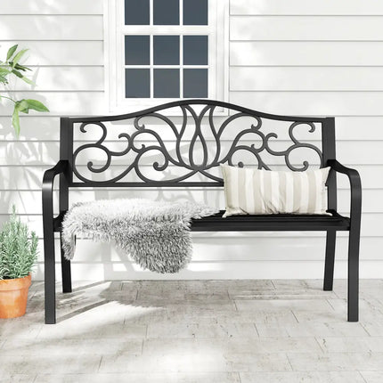 50 Inches Outdoor Garden Bench with Floral Design Backrest and Slatted Seat-Black - Black - Outdoor Benches