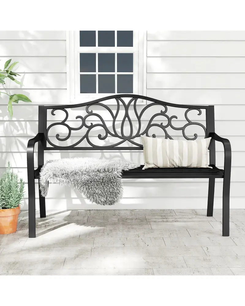 50 Inches Outdoor Garden Bench with Floral Design Backrest and Slatted Seat-Black - Black - Outdoor Benches