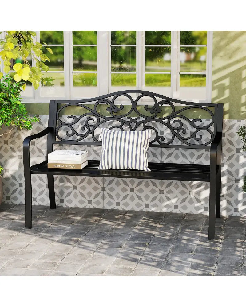 50 Inches Outdoor Garden Bench with Floral Design Backrest and Slatted Seat-Black - Black - Outdoor Benches
