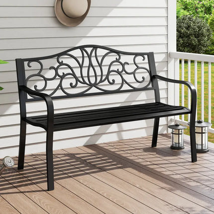 50 Inches Outdoor Garden Bench with Floral Design Backrest and Slatted Seat-Black - Black - Outdoor Benches
