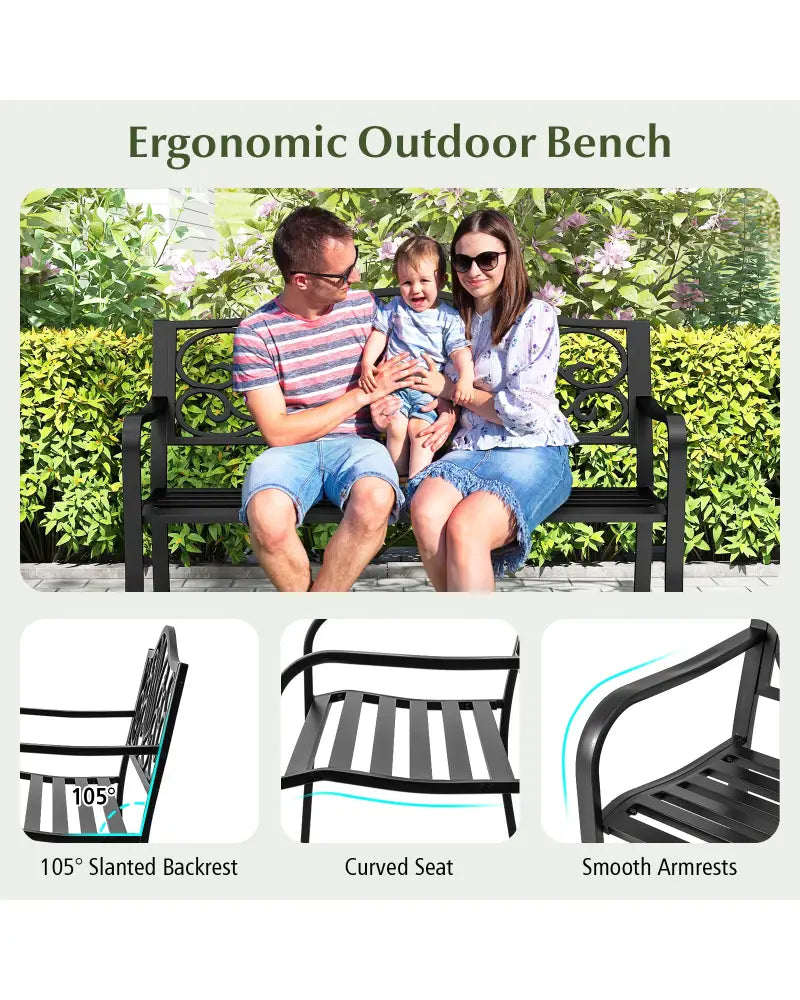 50 Inches Outdoor Garden Bench with Floral Design Backrest and Slatted Seat-Black - Black - Outdoor Benches
