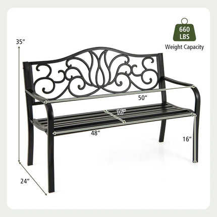 50 Inches Outdoor Garden Bench with Floral Design Backrest and Slatted Seat-Black - Black - Outdoor Benches