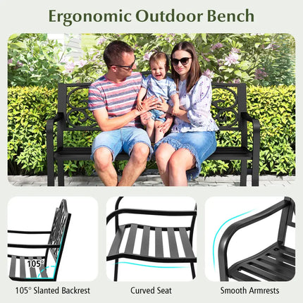 50 Inches Outdoor Garden Bench with Floral Design Backrest and Slatted Seat-Black - Black - Outdoor Benches