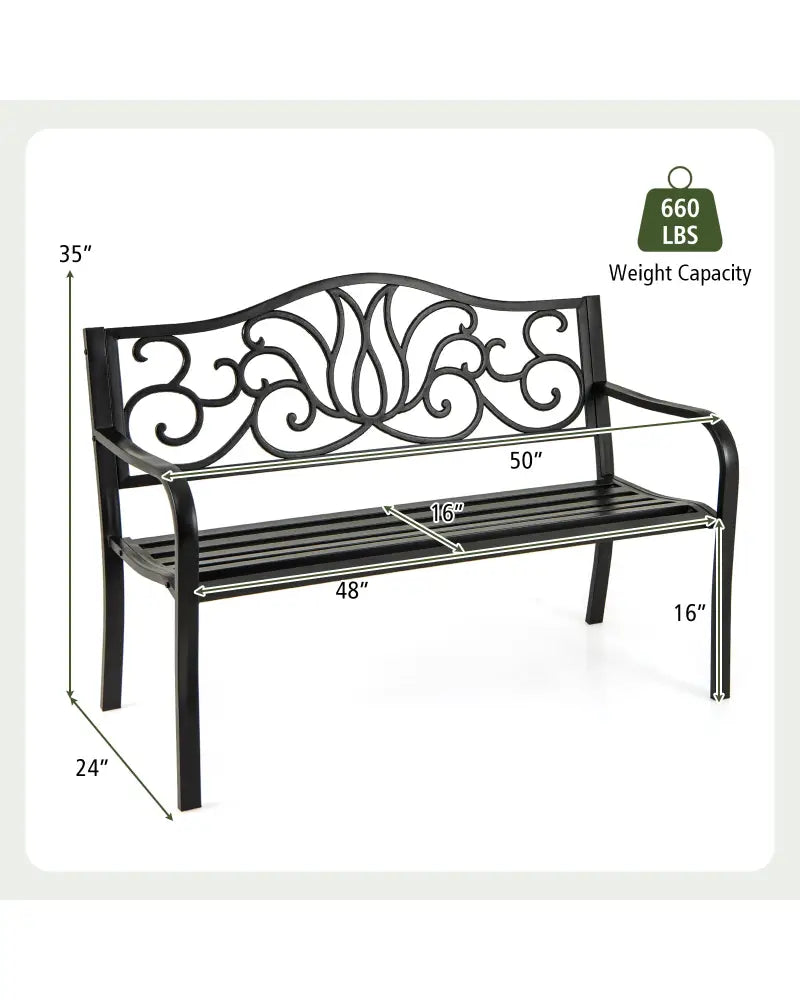 50 Inches Outdoor Garden Bench with Floral Design Backrest and Slatted Seat-Black - Black - Outdoor Benches