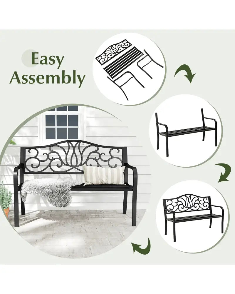 50 Inches Outdoor Garden Bench with Floral Design Backrest and Slatted Seat-Black - Black - Outdoor Benches
