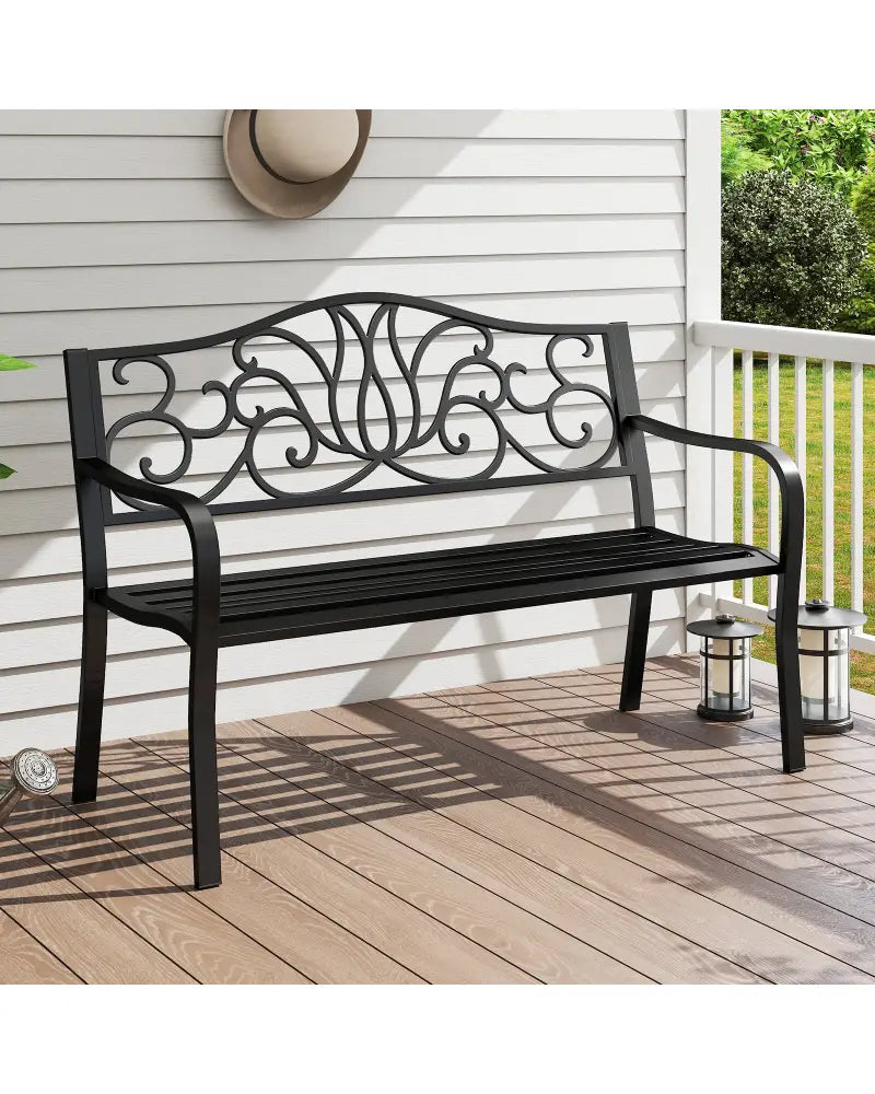 50 Inches Outdoor Garden Bench with Floral Design Backrest and Slatted Seat-Black - Black - Outdoor Benches