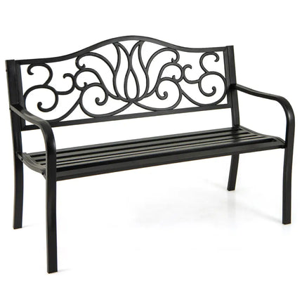 50 Inches Outdoor Garden Bench with Floral Design Backrest and Slatted Seat-Black - Black - Outdoor Benches