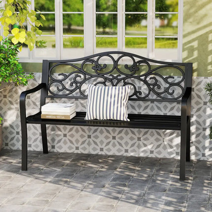 50 Inches Outdoor Garden Bench with Floral Design Backrest and Slatted Seat-Black - Black - Outdoor Benches