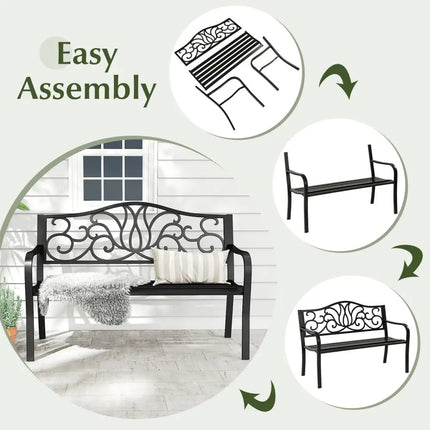 50 Inches Outdoor Garden Bench with Floral Design Backrest and Slatted Seat-Black - Black - Outdoor Benches