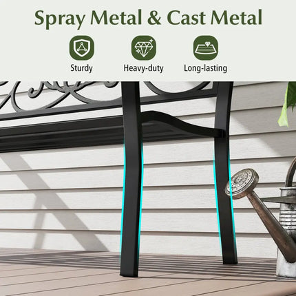 50 Inches Outdoor Garden Bench with Floral Design Backrest and Slatted Seat-Black - Black - Outdoor Benches