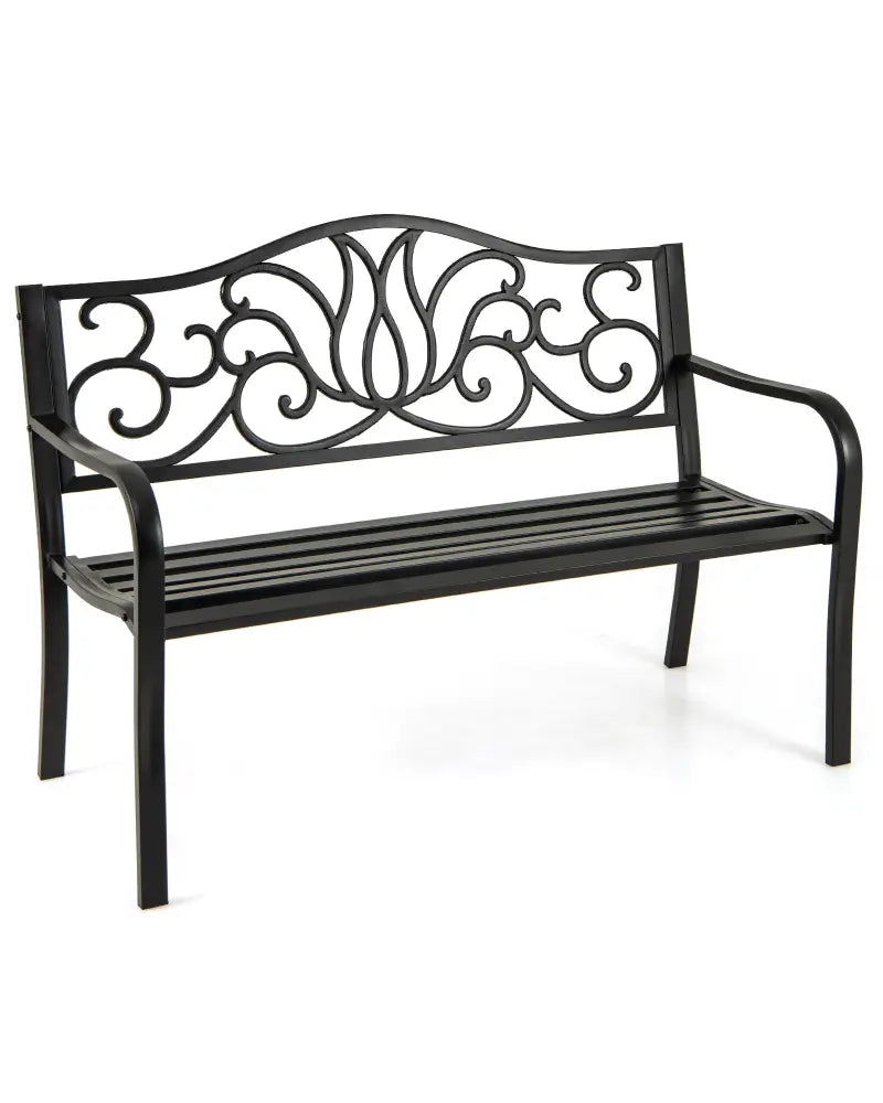 50 Inches Outdoor Garden Bench with Floral Design Backrest and Slatted Seat-Black - Black - Outdoor Benches