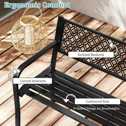 50 Inches Outdoor Garden Bench with Geometric Lattice Backrest and Slatted Seat-Black - Black - Outdoor Benches