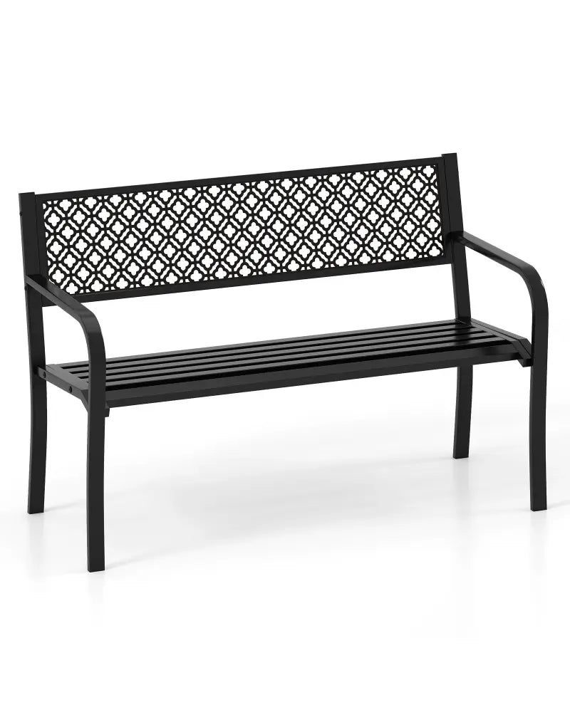 50 Inches Outdoor Garden Bench with Geometric Lattice Backrest and Slatted Seat-Black - Black - Outdoor Benches
