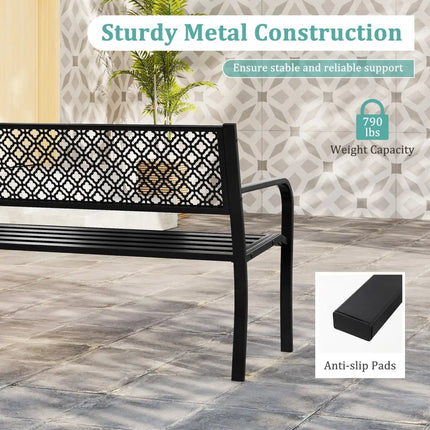 50 Inches Outdoor Garden Bench with Geometric Lattice Backrest and Slatted Seat-Black - Black - Outdoor Benches