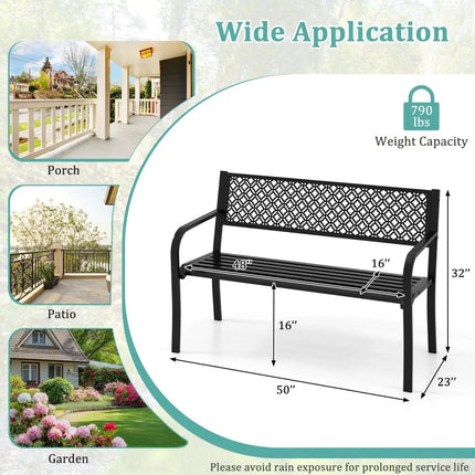 50 Inches Outdoor Garden Bench with Geometric Lattice Backrest and Slatted Seat-Black - Black - Outdoor Benches