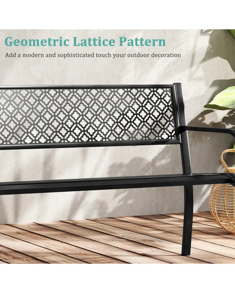 50 Inches Outdoor Garden Bench with Geometric Lattice Backrest and Slatted Seat-Black - Black - Outdoor Benches