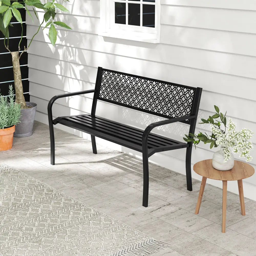 50 Inches Outdoor Garden Bench with Geometric Lattice Backrest and Slatted Seat-Black - Black - Outdoor Benches