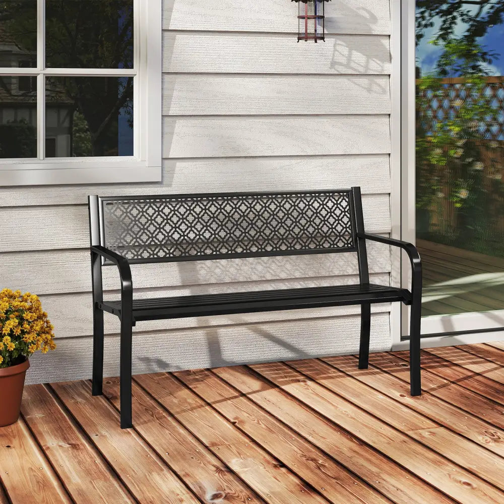 50 Inches Outdoor Garden Bench with Geometric Lattice Backrest and Slatted Seat-Black - Black - Outdoor Benches