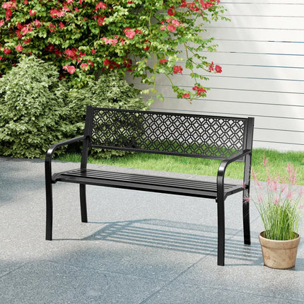 50 Inches Outdoor Garden Bench with Geometric Lattice Backrest and Slatted Seat-Black - Black - Outdoor Benches