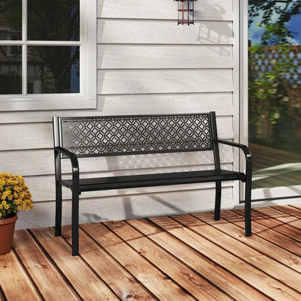 50 Inches Outdoor Garden Bench with Geometric Lattice Backrest and Slatted Seat-Black - Black - Outdoor Benches