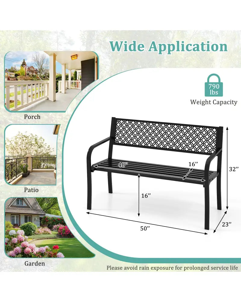 50 Inches Outdoor Garden Bench with Geometric Lattice Backrest and Slatted Seat-Black - Black - Outdoor Benches